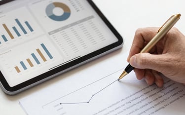 A close-up of a tablet screen showing complex data charts and statistical results, next to a printed academic paper being marked with a gold pen. Professional, modern, and academic. Brand colors #EFEFEF and #B4936B dominate.