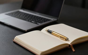 A high-end, professional academic workspace with a laptop, an open leather notebook, and a gold fountain pen. The color palette features deep blacks (#0F0F0F) and warm gold accents (#B4936B). The lighting is soft and focused, suggesting late-night research and dedication.