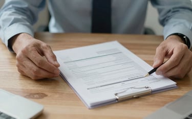 Close-up photography of a pair of hands reviewing a clear, organized financial document on a wooden desk in a Canadian professional setting. The atmosphere is calm and focused, utilizing light grey blue and off-white tones.