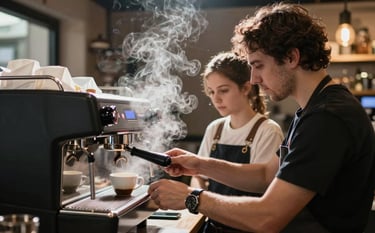 A professional coffee consultant training a young barista on a high-end espresso machine. Focused atmosphere, steam rising, modern Turkish / Anatolian cafe background, sharp focus, premium lifestyle photography.
