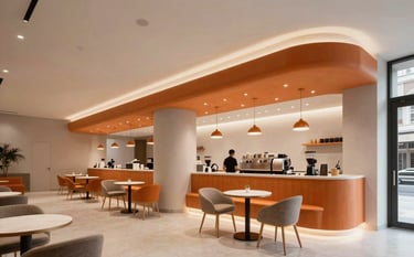 Wide-angle architectural shot of a modern, premium coffee shop interior in a Turkish / Anatolian city. High ceilings, minimalist furniture, clean lines, and orange accents, conveying a high-end business atmosphere.