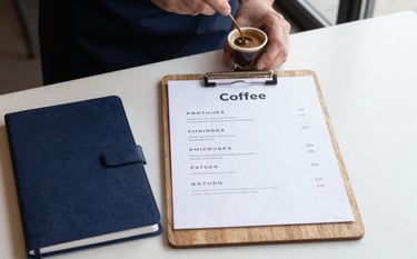 Minimalist photography of a premium coffee menu on a clean wooden clipboard next to a professional barista's notebook. Soft morning light, Turkish / Anatolian coffee shop setting, modern and organized mood with navy and white tones.
