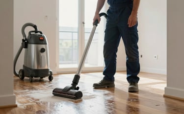 Professional cleaning technician in a modern European apartment, focusing on post-construction cleanup. Soft morning light reveals a dust-free, polished wooden floor. The scene features a high-end industrial vacuum and specialized equipment, reflecting a trustworthy and meticulous atmosphere with subtle dark blue and off-white tones.