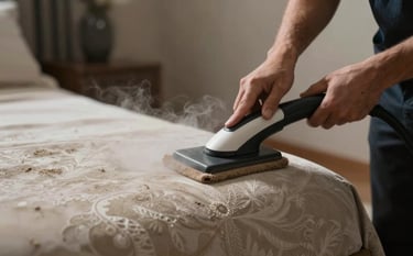 Close-up of a specialized technician performing deep steam cleaning on high-quality upholstery in a Portuguese home. The lighting is focused and professional, highlighting the transformation from soiled to pristine. Understated elegance and specialized care are conveyed through the composition.