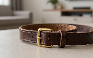 A close-up of a premium dark brown leather dog collar and leash with brass buckles, resting on a clean surface in a modern South Asian / Indian home environment. Minimal, professional, showcasing the leather texture.