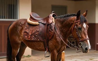 A high-quality, realistic image of a beautiful chestnut brown leather horse saddle and bridle resting on a wooden stand in a pristine South Asian / Indian stable setting. Premium, warm, earthy tones, natural lighting.