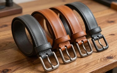 A close-up shot of premium dark slate grey and warm tan leather belts neatly rolled and displayed on a wooden table in a South Asian / Indian workshop. Clean, minimal, and professional photography highlighting the leather texture and craftsmanship.