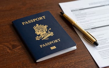 A close-up shot of a mahogany desk featuring a British passport, an elegant antique gold pen, and neatly organized financial documents. The lighting is professional and evokes a sense of security and meticulous auditing. Colors include slate blue and antique gold accents.