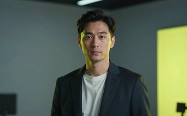 A stylish, cinematic portrait of a professional content creator in a modern minimalist studio. The lighting uses #2C3E50 shadows and sharp #F2FF00 neon highlights. The composition is sophisticated, high-performance, and trendy, reflecting the premium nature of GrowthBara.