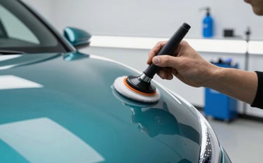 A close-up shot of a high-end luxury vehicle being meticulously hand-polished in a modern, bright North American / Canadian auto detailing studio. The lighting is crisp, highlighting the sleek curves of the car. Accents of deep teal and soft blue appear in the professional cleaning equipment in the background.