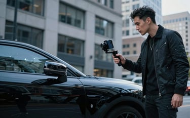 A professional influencer in a stylish North American / Canadian city setting, holding a gimbal and smartphone to film a high-gloss black sports car. The scene is dynamic and professional, with the cool blue-gray tones of the urban architecture reflecting in the car's surface.