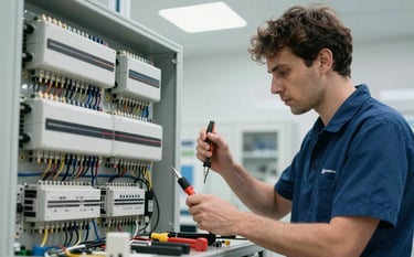 A technical specialist in professional attire inspecting a complex electrical board with precision tools in a modern Turkish / Anatolian facility. The image uses soft cloud white and pale sky blue tones.