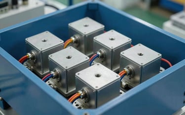 A close-up, high-detail photograph of professional grade electrical components like harmonic filters and wiring arranged neatly within a steel blue metal housing. Setting is a modern Turkish / Anatolian factory. Style is crisp and industrial.