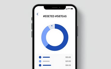 A minimalist and clean mobile app interface showing a simple, intuitive expense tracking pie chart. The design uses a palette of #E0E7ED and #587EA3. Soft, professional studio lighting emphasizes clarity and effortless efficiency, perfectly reflecting a secure financial tool.