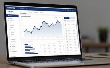 A sleek laptop screen displaying a professional financial dashboard with detailed line graphs and asset categorization. The color scheme features #1F3A60 and #E0E7ED. The composition is clean and user-centric, instilling confidence and trust in the data accuracy.