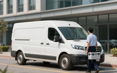 A clean, modern, white professional vehicle with subtle branding parked in front of a corporate office building. A technician in professional attire carries a secure medical case. High noon lighting.