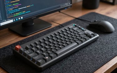 A close-up of a high-end mechanical keyboard and a mouse on a dark felt desk mat. In the background, a blurred monitor shows a complex JavaScript file. The mood is sophisticated and technical, reflecting a British tech hub atmosphere. Palette is Charcoal and Dark Navy.