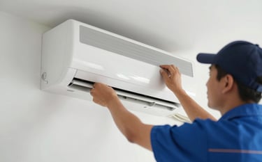 A focused close-up of professional AC installation in Noida. Technicians are carefully mounting a sleek, modern indoor unit onto a clean wall. The lighting is precise, emphasizing a modern and expert installation process. The atmosphere is professional, featuring brand colors #4A6D8C and #F5F7FA.