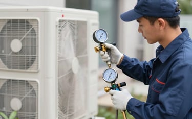 A technician performing AC gas filling and deep cleaning service. They are using professional pressure gauges and cleaning equipment on an outdoor unit. The style is sharp and modern, emphasizing technical expertise and commitment to comfort. Brand colors #1A202C and #8AA2B6 are integrated into the professional gear and tools.
