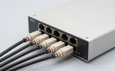 Macro photography of professional security networking hardware, high-grade copper cables and a sturdy DVR unit, organized neatly on a light grey surface, bright studio lighting, off-white and cool grey theme.