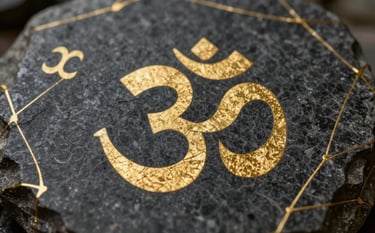 Close up of golden numerology symbols and a subtle Om symbol etched on dark stone, kintsugi gold lines connecting elements, ethereal mystical lighting, sophisticated spiritual aesthetic.