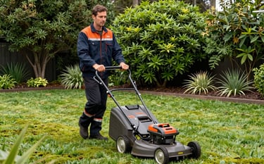 A professional gardener in Oceanic / Australian (Victoria) workwear using a high-quality mower on a lush, well-kept lawn. The background features healthy forest green shrubs and a clean garden border. Bright, natural daylight highlights the moss green grass.