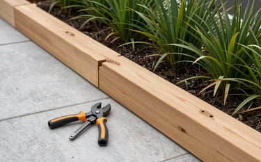 A construction scene of timber sleepers being used for garden edging in a Oceanic / Australian (Victoria) suburban backyard. Professional tools are visible next to a forest green plant bed. The aesthetic is clean, modern, and sturdy.