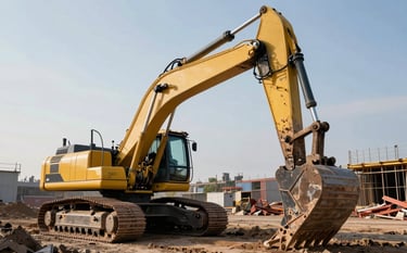 A powerful heavy-duty yellow crawler excavator operating at a massive construction site in an Eastern European / Russian industrial zone. The machine is set against a clear sky, with highlights reflecting Steel Blue and Dark Slate Grey tones on its metal surface. Professional architectural photography style, low angle for a sense of power.