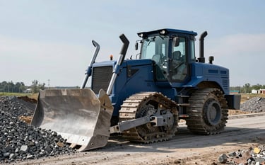 A heavy industrial bulldozer moving large piles of gravel at a road building project in a Eastern European / Russian landscape. Sunlight emphasizes the Muted Blue and Steel Blue details of the machinery. High contrast, sharp focus, capturing the robust strength of the vehicle.