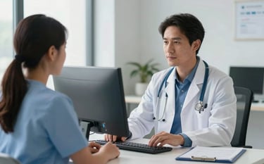 A professional North American healthcare provider in a bright, modern office conducting a telemedicine consultation using a high-definition monitor, soft steel blue and white interior design.