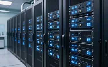 A high-tech North American medical data center environment, showing sophisticated server arrays with subtle ice blue glowing lights, representing secure cloud innovation.