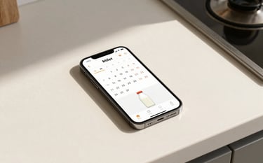 A top-down professional photograph of a modern, clean kitchen counter in soft cream. A smartphone sits on the surface, displaying a clean mobile app interface with a calendar and milk bottle icons. Natural morning sunlight creates soft shadows. The overall mood is efficient and reliable.