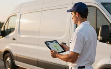 A professional dairyman in a clean uniform standing next to a modern delivery van. He is holding a tablet that shows a digital map with delivery pins. The lighting is warm and approachable, early morning atmosphere. Colors include deep espresso and pale sand.