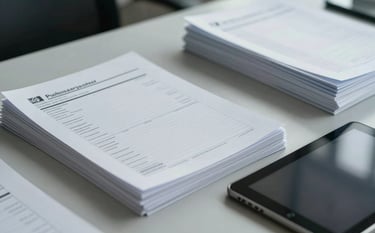 Close-up of organized paperwork and a digital tablet on a desk in a logistics office. The scene features muted blue-grey and off-white tones, emphasizing administrative efficiency.