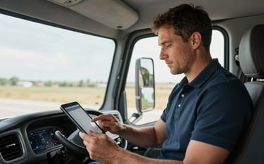 A professional truck driver in a dark slate blue polo shirt using a tablet to view freight loads inside a modern, clean truck cabin. Natural bright lighting, professional photography style.