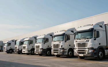 A wide-angle shot of several semi-trucks parked at a modern logistics terminal under a clear light sky blue sky. Professional, trustworthy corporate photography.