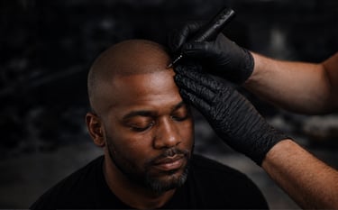 Professional scalp micropigmentation procedure on a bald man's hairline using a specialized tattoo pen.