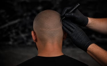 Professional scalp micropigmentation procedure applying hair tattoo pigments to a bald head.