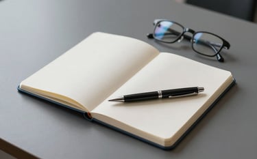 A minimalist, high-angle photograph of a sleek, professional desk. A blank open notebook, a high-quality pen, and a pair of modern eyeglasses are arranged neatly. The atmosphere is quiet, professional, and sophisticated, using a palette of #F8FDFE and #A0C4E2 accents.