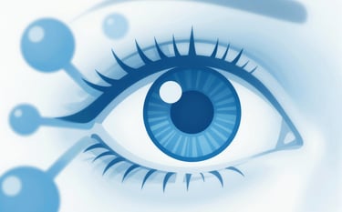 An abstract, medical-themed digital graphic featuring a stylized human eye and molecular structures. The design is modern and clean, using professional shades of #346294 and #A0C4E2 to convey a sense of pharmaceutical innovation and clinical precision.