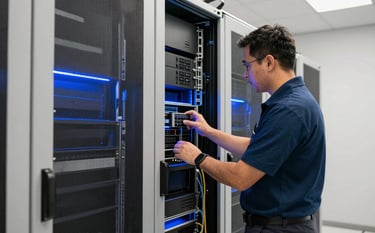 A professional photography shot of a clean, tech-forward server environment in an international data center. The lighting is dominated by off-white and deep blue tones. A technician in professional attire is inspecting hardware, symbolizing precision and modern digital expertise in a North American setting.