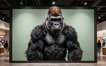 A professional photography shot of a giant realistic gorilla optical illusion on a large-format display in a modern international theme park. Sophisticated lighting, dark navy and pale sage green accents in a high-traffic professional venue.