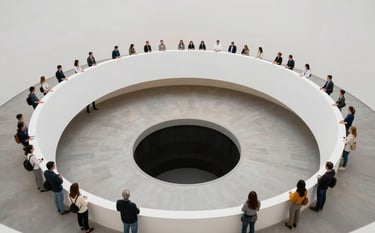 A dizzying high-angle professional shot of a realistic 3D floor hole illusion in a contemporary international museum gallery. Visitors standing at the edge looking down. Clean, minimalist mist white environment with North American architectural style.