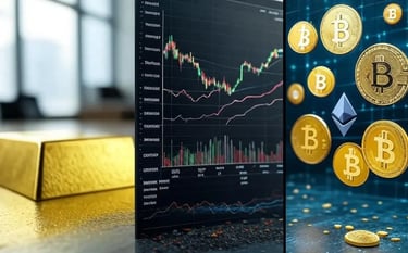 Comparison of gold bars, stock market chart, and cryptocurrency coins representing investment options.