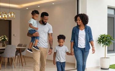 A high-quality photograph of a bright, modern interior living room. The walls are painted a soft cream, with large windows letting in natural sunlight. A muted sage green armchair sits in the corner, and warm taupe textiles are draped over a sofa, creating an inviting and empowering atmosphere for a first-time homebuyer.