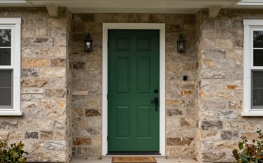A sharp, detailed photograph of a house exterior undergoing renovation. A front door is being painted in a bold dark forest green, contrasting with warm taupe stone siding. The image conveys transformation, opportunity, and the potential of distressed real estate.