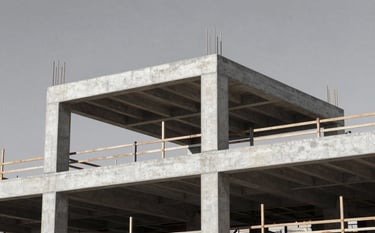 An ultra-modern, structured view of a construction site featuring clean concrete frames and steel supports under a clear grey sky. North American / International context, focusing on order and precision.