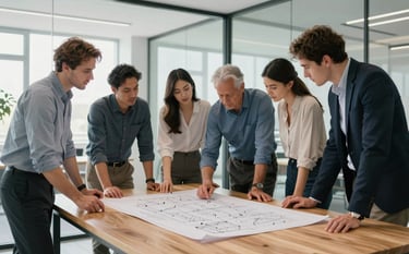 A group of professional architects and engineers in a bright, modern office with glass walls, reviewing blueprints and technical drawings on a large wooden table, clean composition, soft natural daylight, Northern European professional attire.