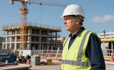 A senior construction manager in a high-visibility vest and white hard hat overseeing a safe, organized construction site in London, clear blue sky, professional architectural detail.