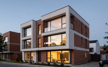 A high-end modern residential development in a Northern European suburb, featuring clean lines, large glass windows, and sustainable brickwork, dusk lighting with interior warm lights visible.
